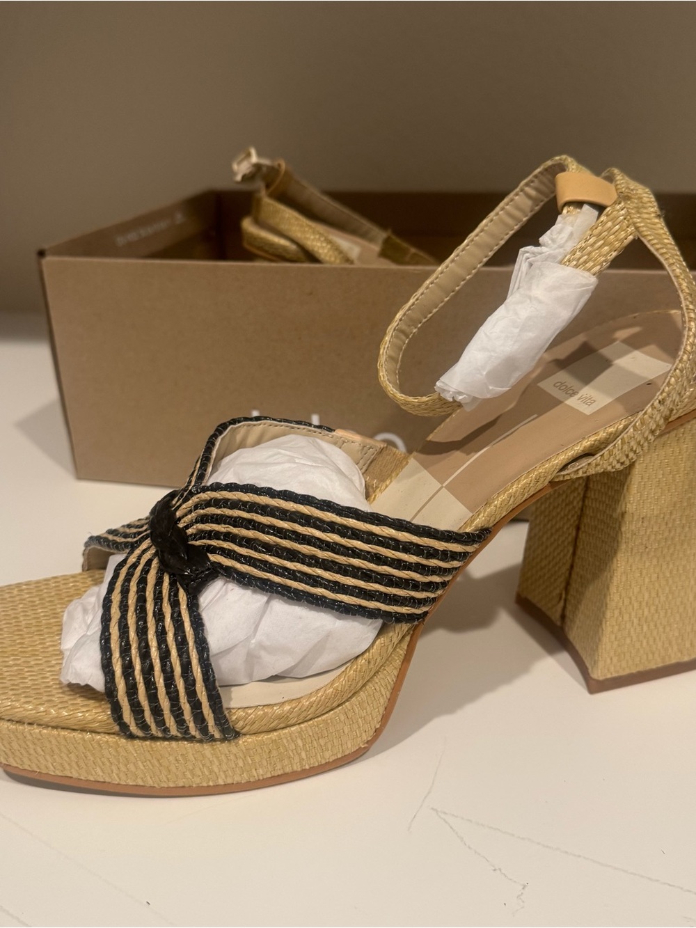 Dolce Vita Tan Woven Platform Heel with Black Straps
